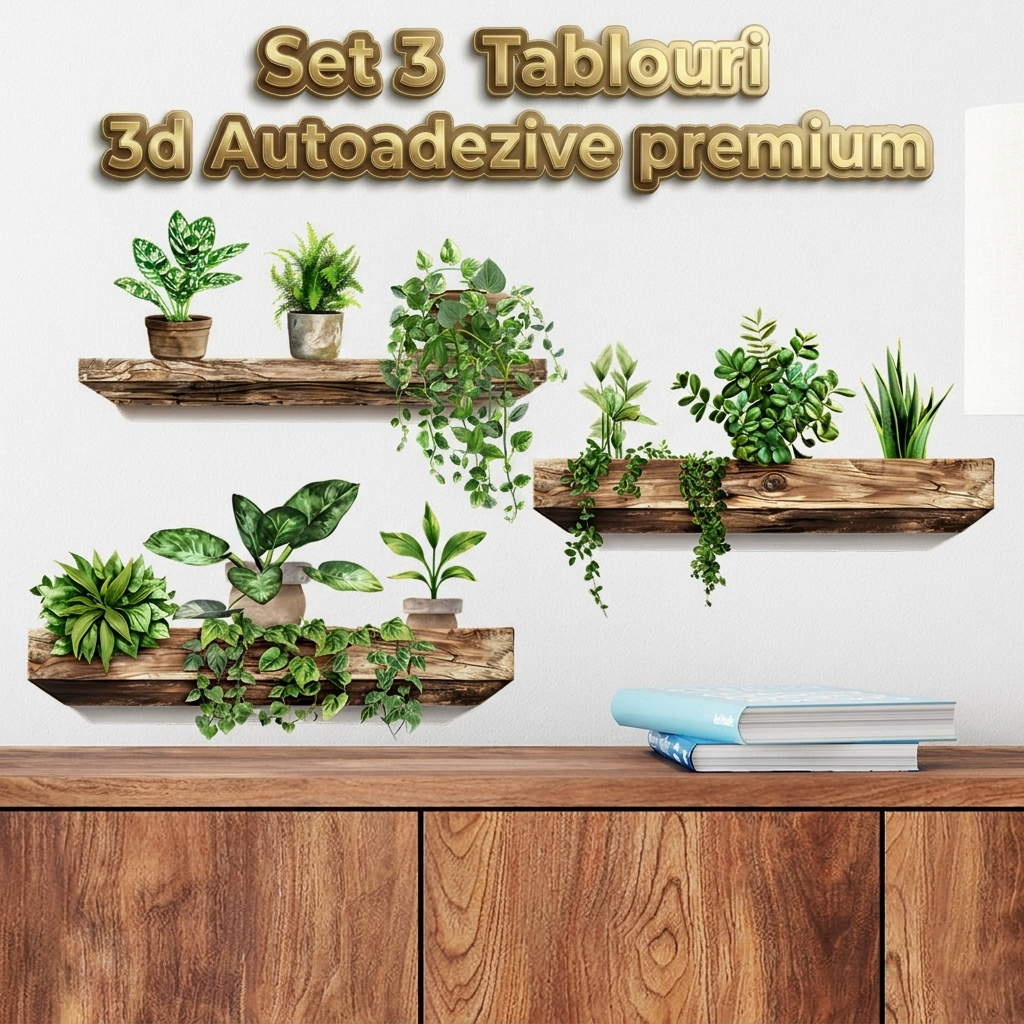Set 3 Tablou Decorativ 3D Autoadeziv cu Plante